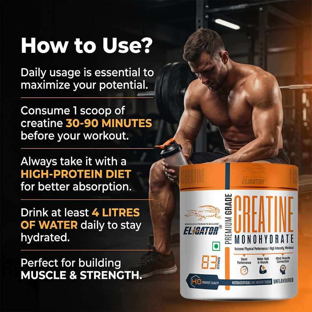 Eligator Creatine Monohydrate Unflavoured 250gm 83 Servings