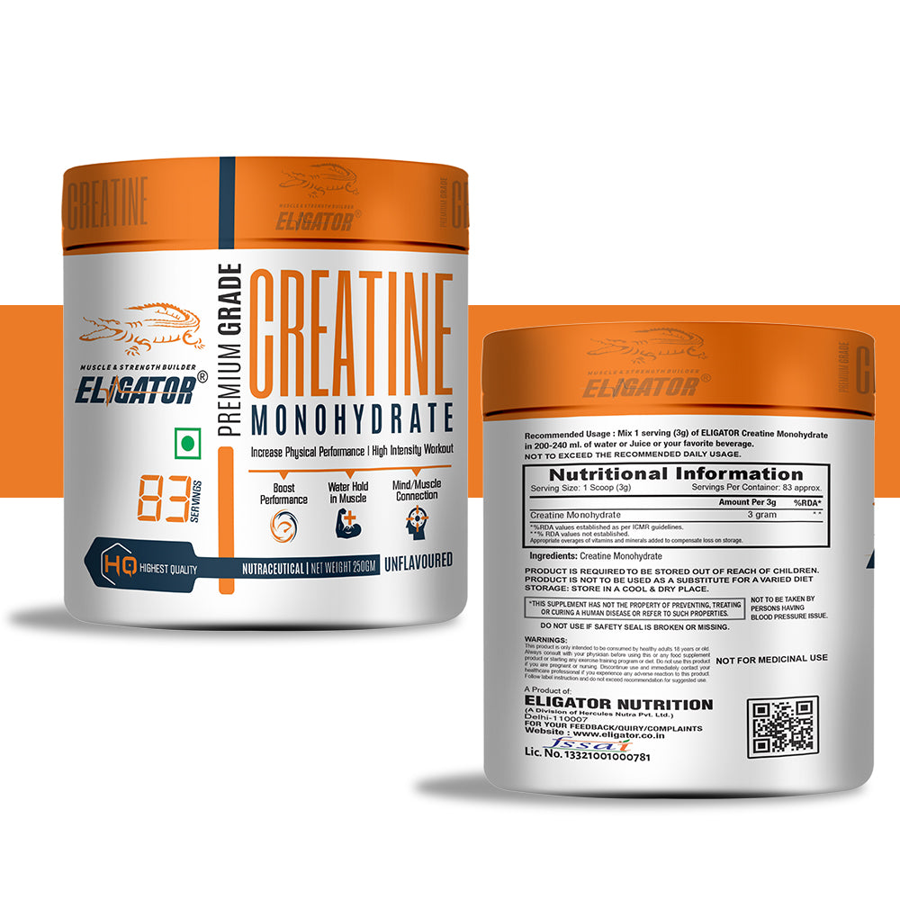 Eligator Creatine Monohydrate Unflavoured 250gm 83 Servings