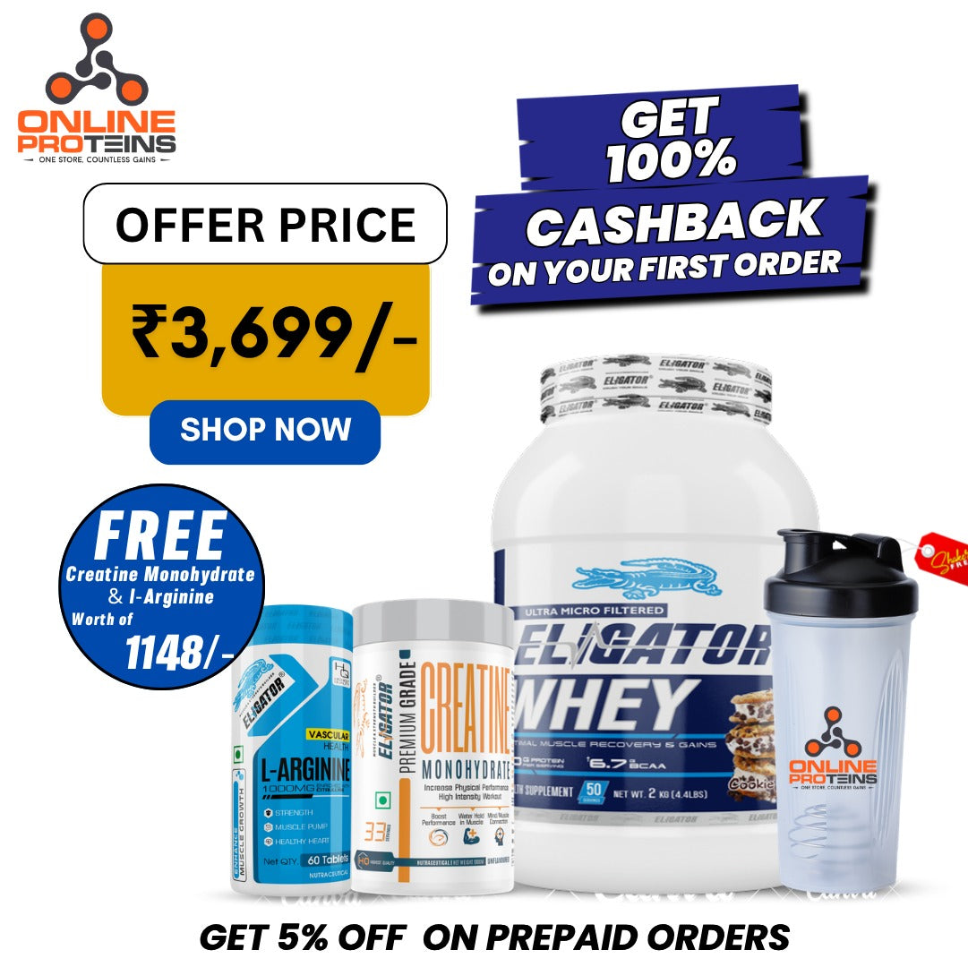 Eligator Whey Protein - 2kg with Free Creatine Monohydrate 100gm & Eligator L-Arginine 60 Tablets