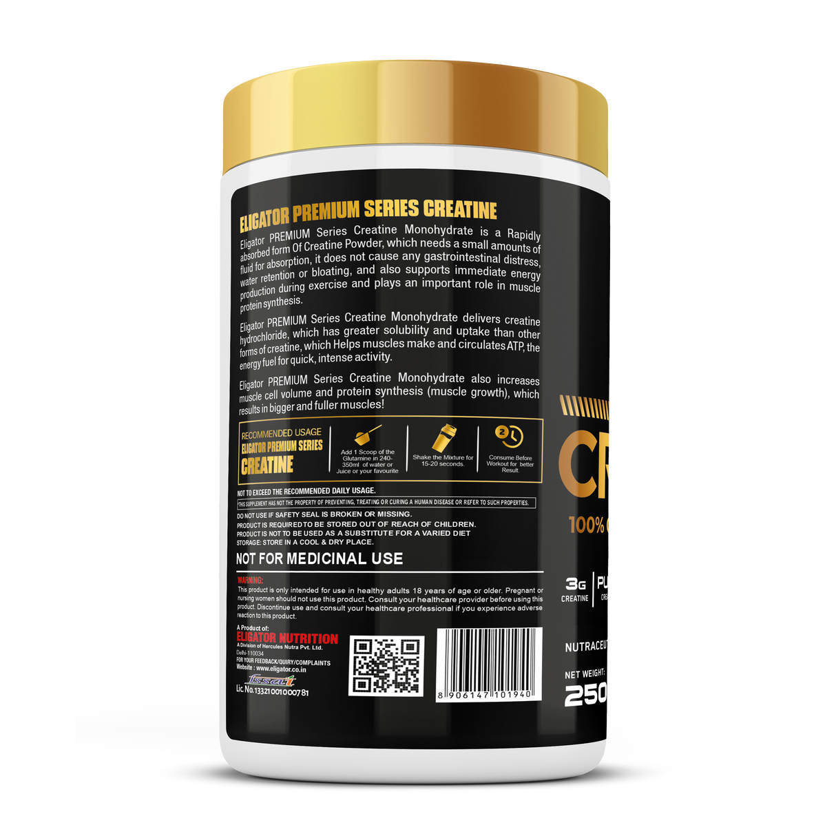 Eligator Premium Series Creatine Monohydrate 250gm 83 Servings Unflavoured