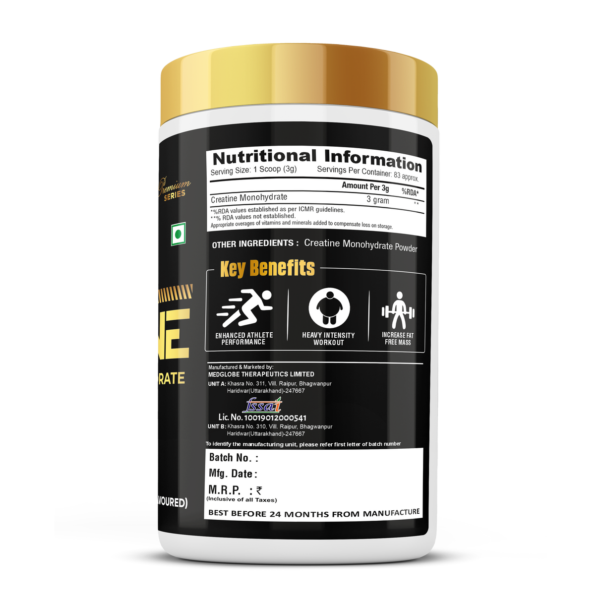 Eligator Premium Series Creatine Monohydrate 250gm 83 Servings Unflavoured