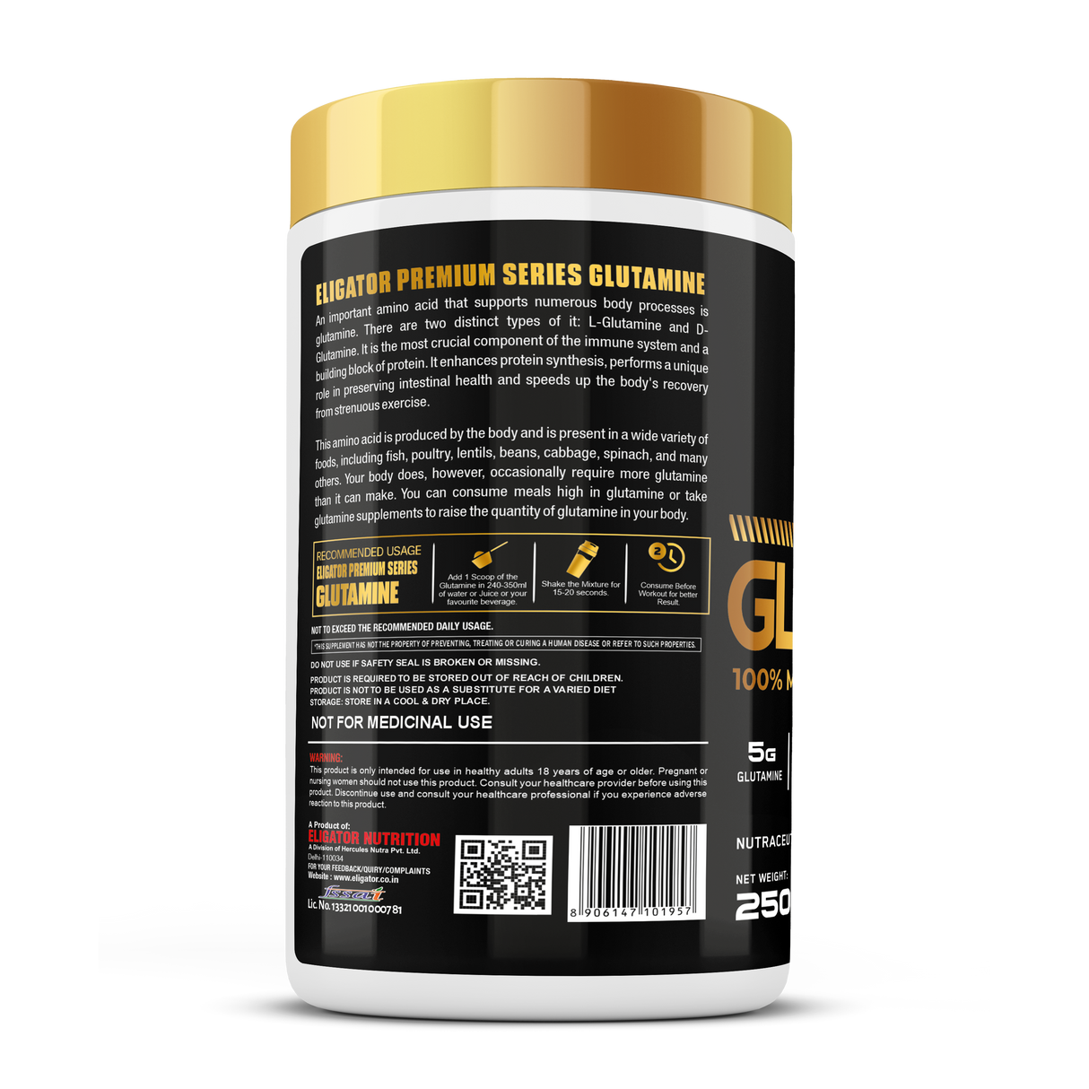 Eligator Premium Series Glutamine 250gm 50 Servings Unflavoured