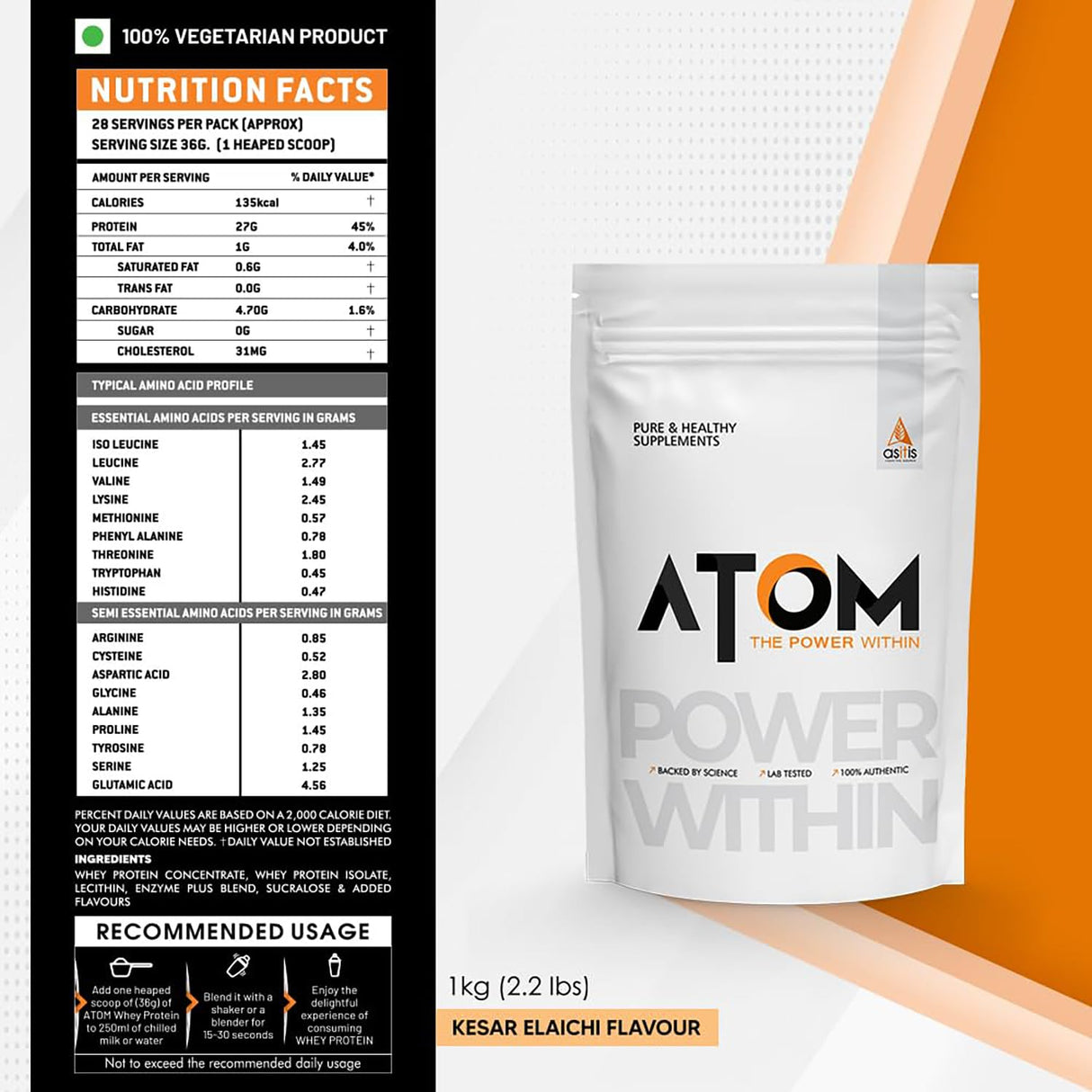 AS-IT-is Atom Whey Protein with Digestive Enzymes | Kesar Elaichi (1kg)