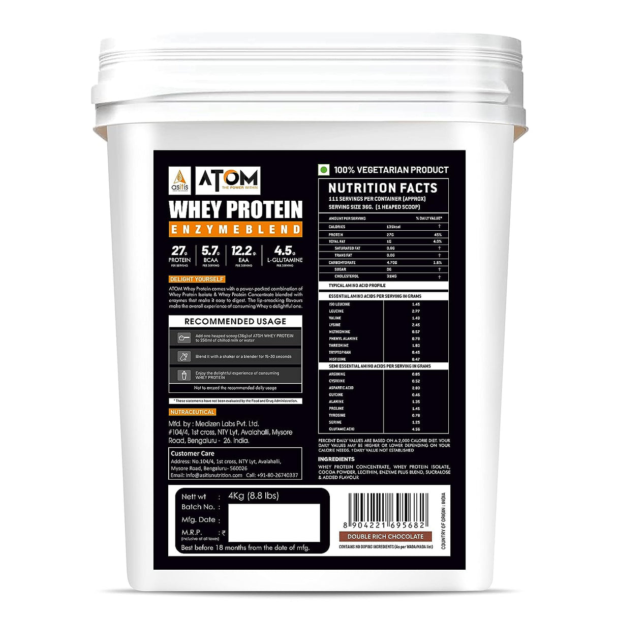 ATOM Whey Protein With Digestive Enzymes | Double Rich Chocolate (4kg)