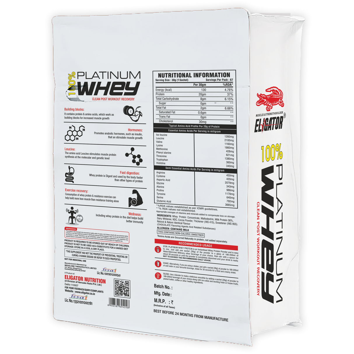 Eligator 100% Platinum Whey 2Kg (With Sachets)