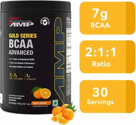 GNC AMP Gold Series BCAA Advanced | 400 gm | 30 Servings |Tangy Orange