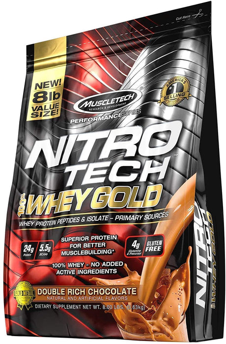 Muscletech Nitrotech Whey Gold, 100% Pure Whey Protein, Whey Isolate And Whey Peptides, Double Rich Chocolate, 8 Lbs Pack