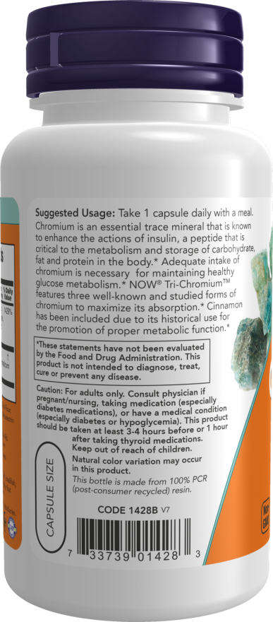 NOW Supplements, Tri-Chromium™ 500 mcg with Cinnamon, Insulin Co-Factor*, 90 Veg Capsules