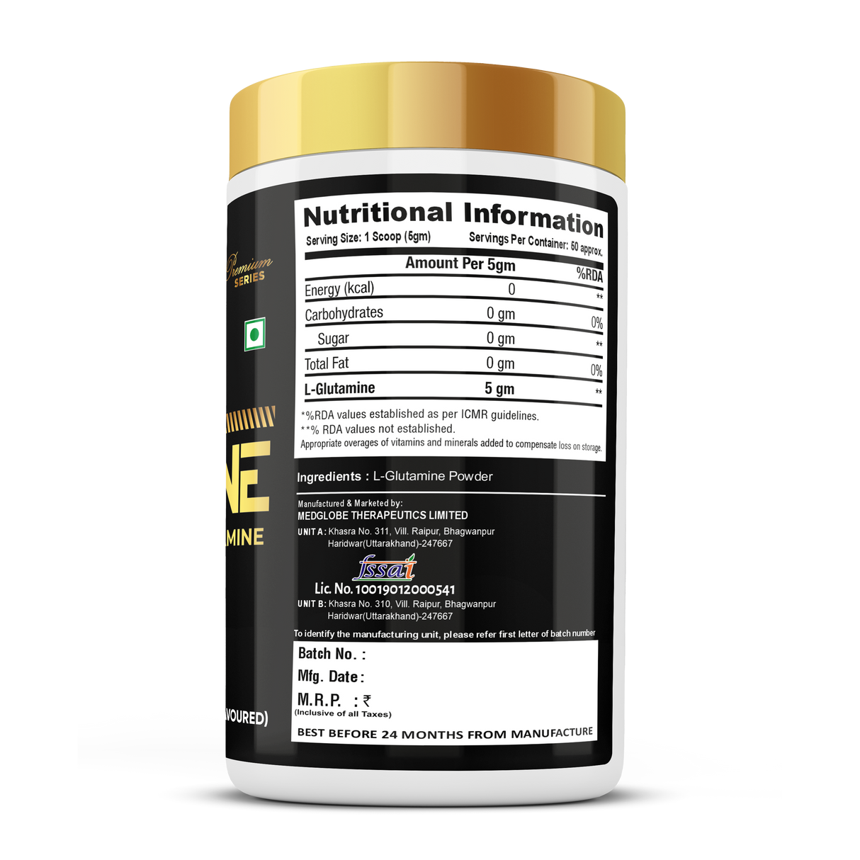 Eligator Premium Series Glutamine 250gm 50 Servings Unflavoured